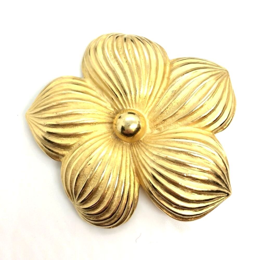 Vintage Flower Brooch Gold Tone Floral Statement Matte Brushed Pin Textured